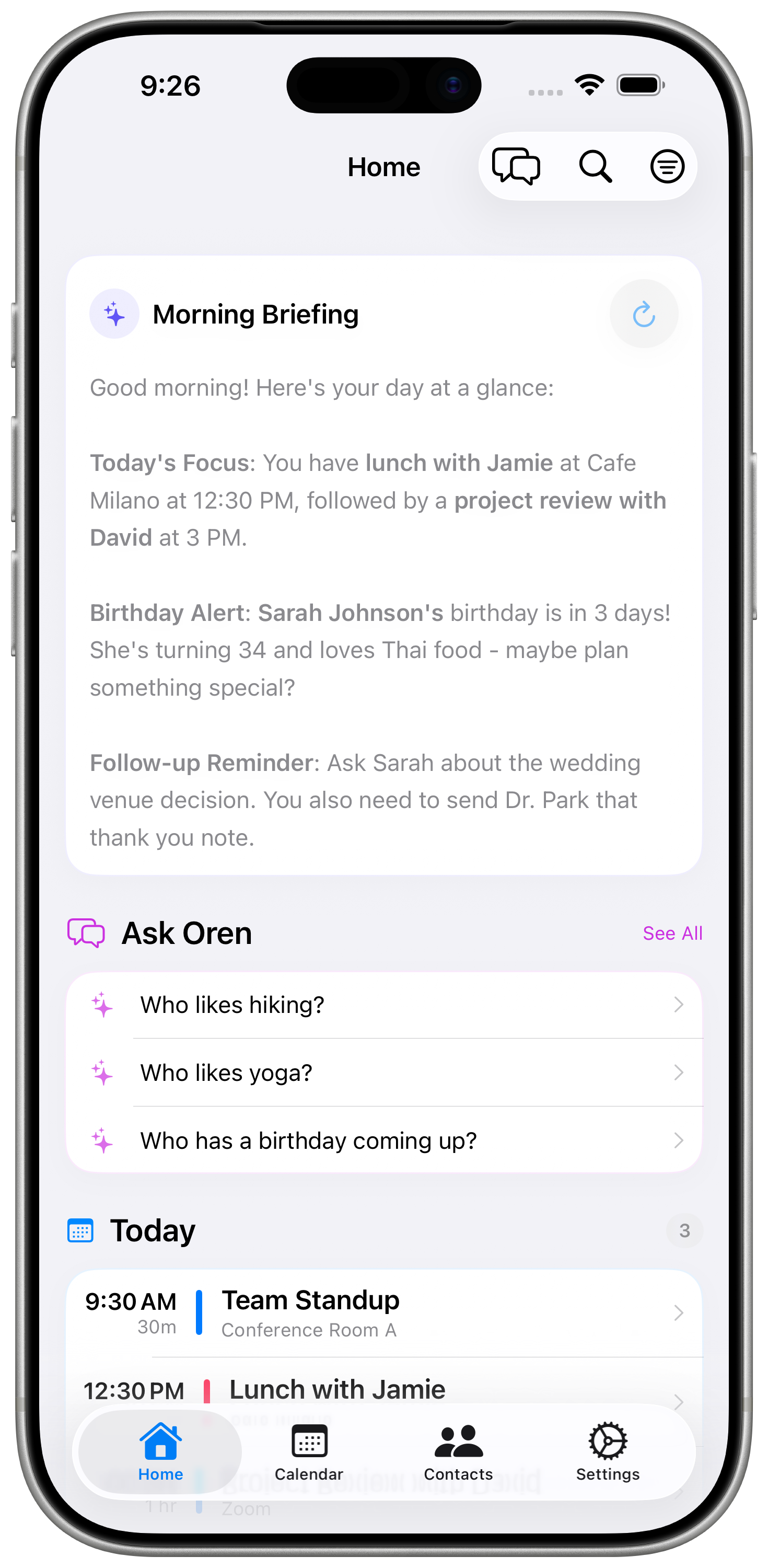 Oren app showing morning briefing with birthday alerts and today's events